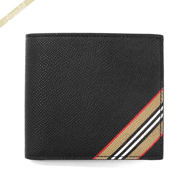 Burberry 折りたたみ ストライプ 送料無料 コンパクト 財布 ケース ミニウォレット 期間限定p5倍 23日23 59迄 バーバリー Black 男性用 レザー Burberry メンズ 二つ折り財布 アイコン ストライプ プリント ブラック Black ブランド Azurebrandol