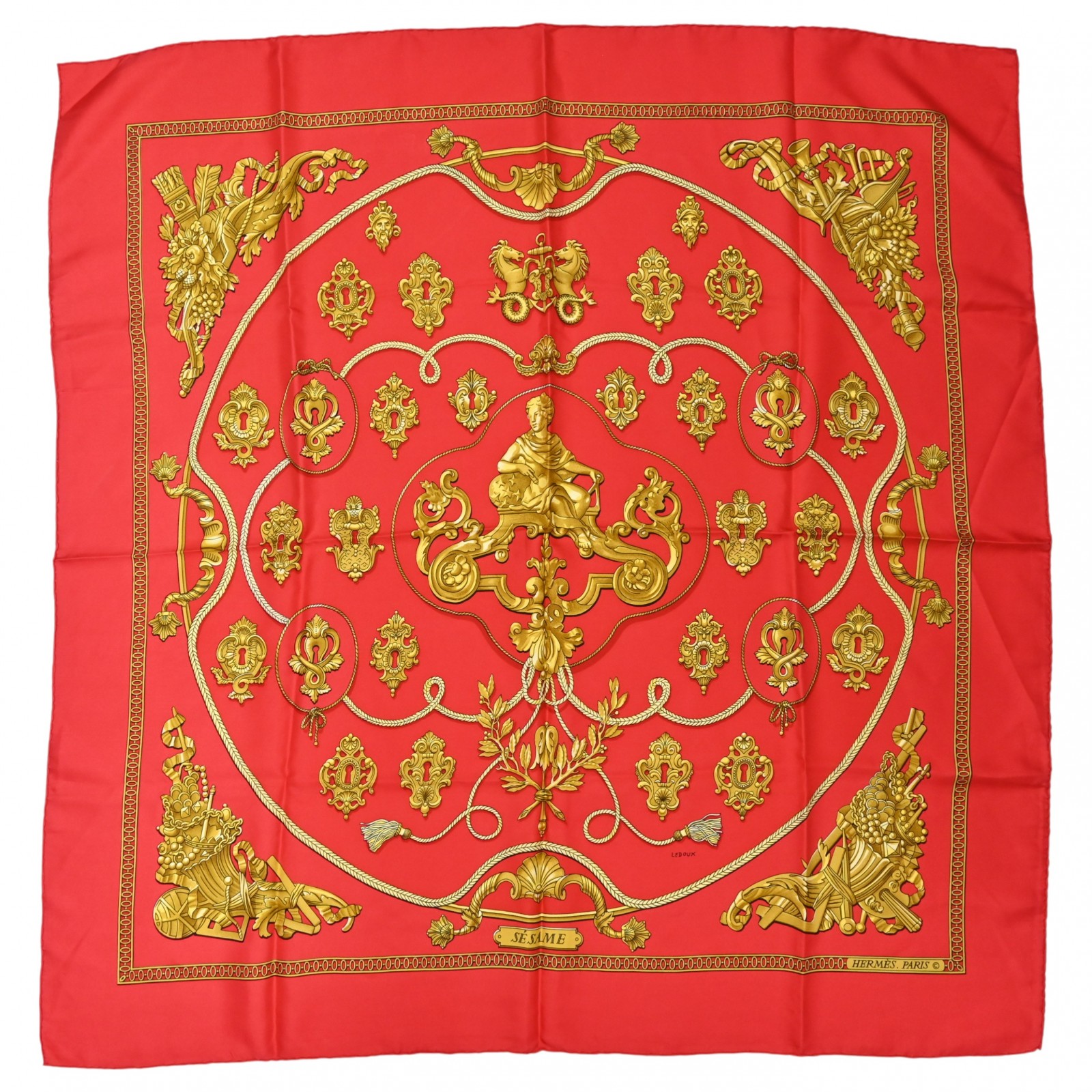 【百貨店SALE】【耳あたらしい開けっ広げ祝する】【中古】エルメス カレ90 地絹 えり巻き 赤いこと×ゴールド B序列付ける he8513cf