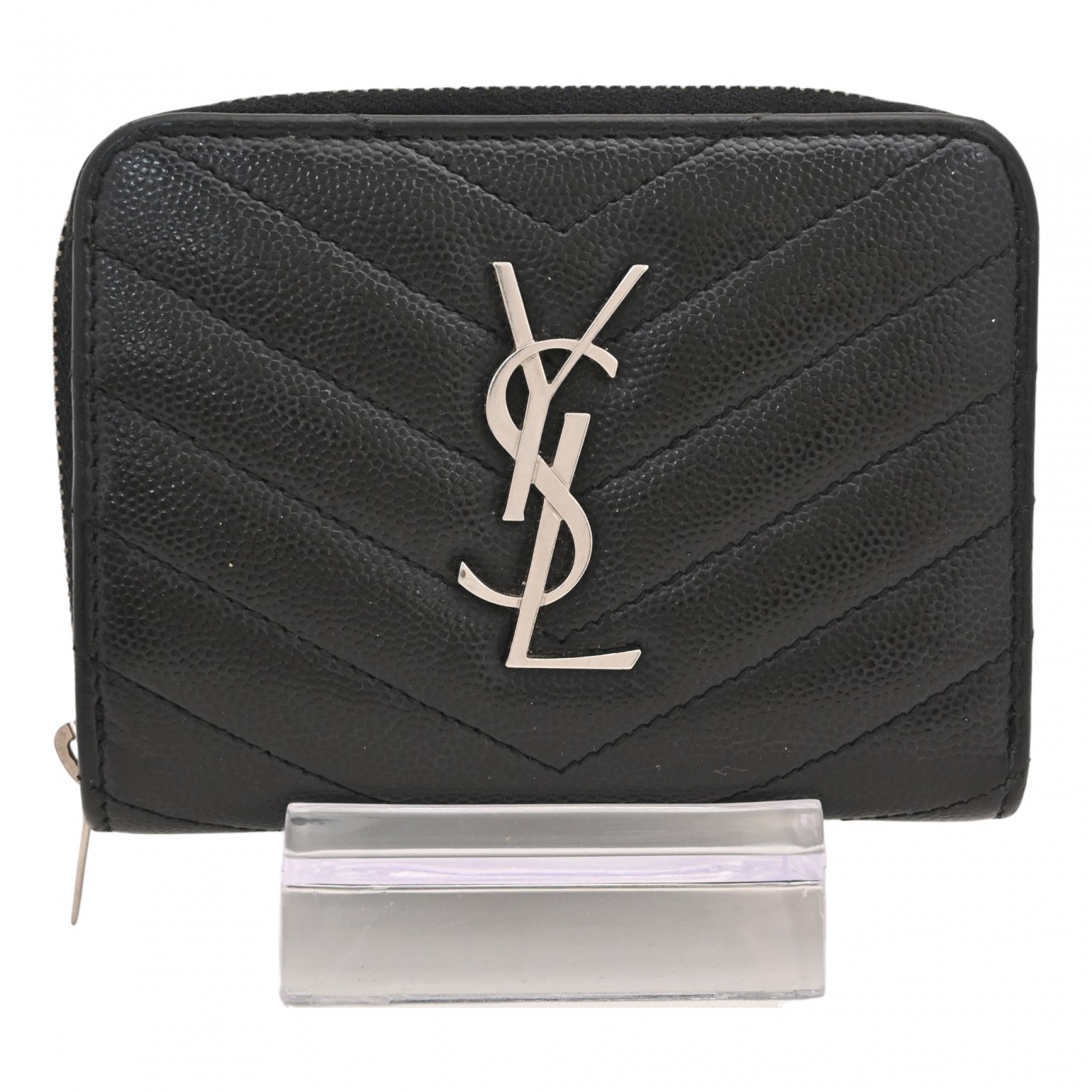 【百貨店SALE】【耳あたらしい開けっ広げ祝する】【中古】サンローラン V編み目 YSLロゴタイプ 二つ折り紙入れ なめし革 B序列付ける ys6632竓