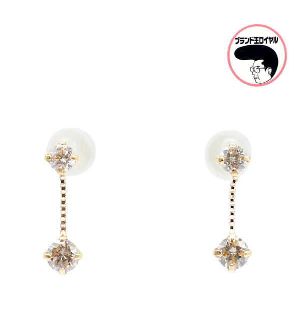ダイヤモンドピアス チェーンピアス　ぶら下がり K18YG イエローゴールド　ピアス　ダイヤ 0.17ct×２　1粒ダイヤ