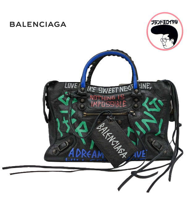 【中古】BALENCIAGA バレンシアガ 古典派音楽シティ グラフティ トートバッグ 黒いこと
