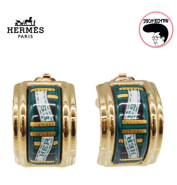 【中古】HERMES エルメス エマイユ イヤリング　グリーン　馬 レディース