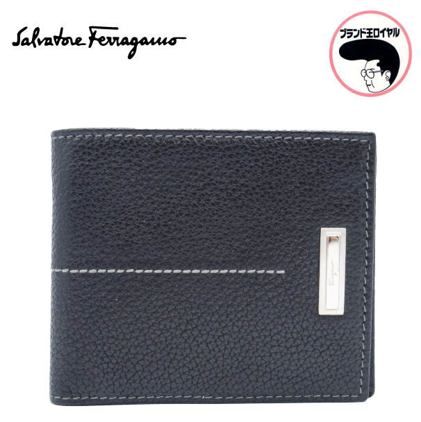 【中古】未使用品 Ferragamo フェラガモ 二つ折り財布 メンズ 黒 ブラック　レザー