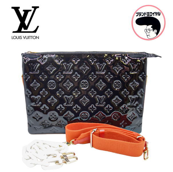【中古】LOUIS VUITTON ルイヴィトン クッサンMM M20369 　黒×オレンジ ホワイトチェーン パテンドレザー