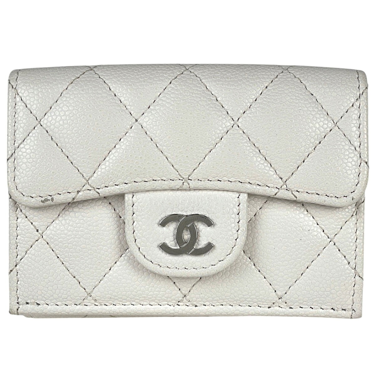【在庫一掃】 シャネル CHANEL ココマーク 三つ折り財布 マトラッセ ミニウォレット 三つ折り財布 キャビアスキン ホワイト AP0230 レディース 【中古】