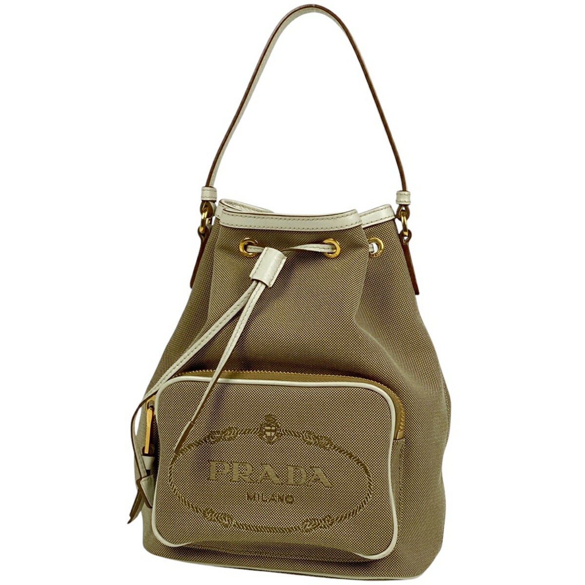 【在庫一掃】 プラダ PRADA ロゴ ハンドバッグ 2WAY ショルダーバッグ 巾着型 ハンドバッグ キャンバス ベージュ ホワイト 1BH097 レディース 【中古】