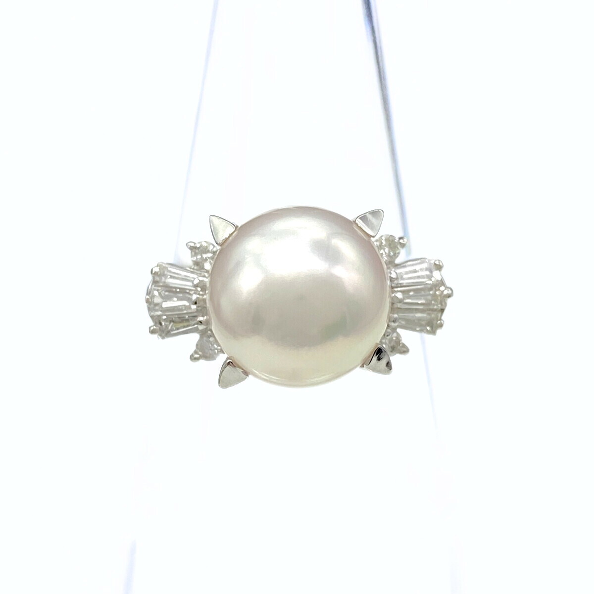 タサキ 大粒淡水パール バケットダイヤ0.4ct リング K14WG E0718