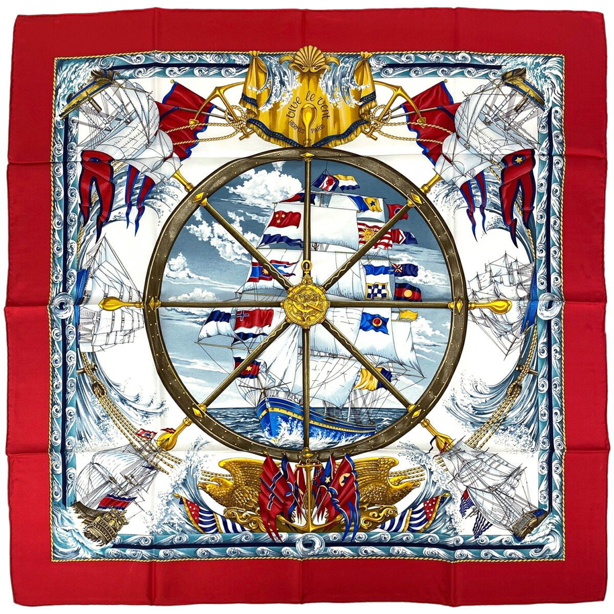 美品　HERMES　エルメス　カレ90 スカーフ Tuiga 帆船 シルク HERMES Tuiga 『カレ 90 帆船』シルクハンカチ HERMES 美品 エルメス