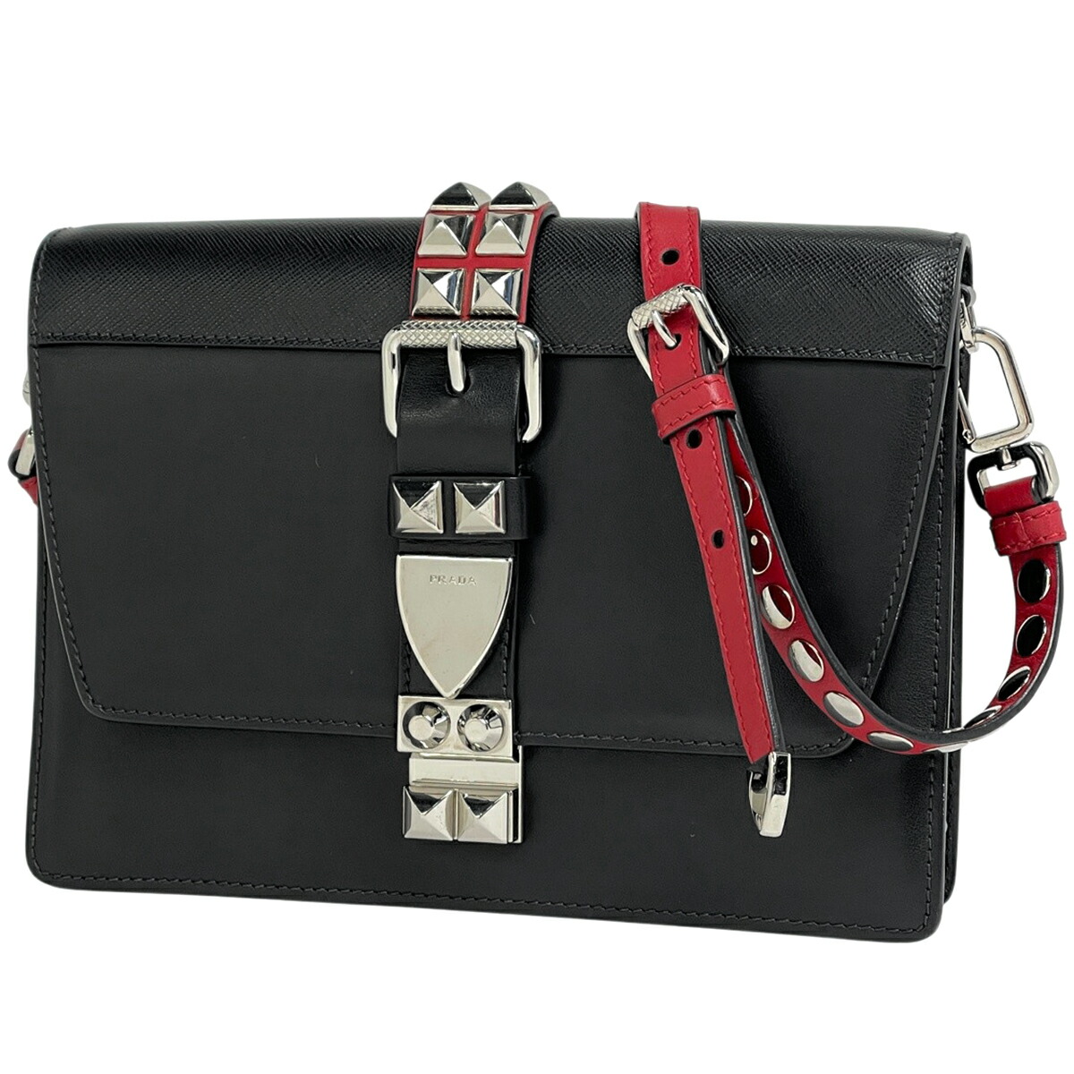 PRADA プラダ スタッズ付きショルダーバッグ ブラック レッド シルバー PRADA - PRADA(プラダ) ショルダーバッグ - 黒×レッド×シルバー