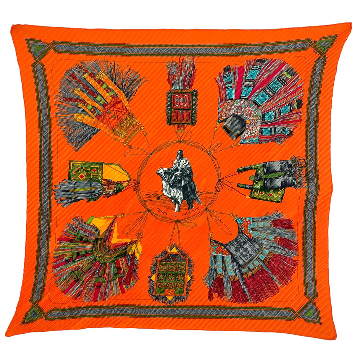 エルメス HERMES カレ 90 CUIRS DU DESERT 砂漠の革飾り プリーツ スカーフ シルク オレンジ マルチカラー レディース 【中古】 msp39