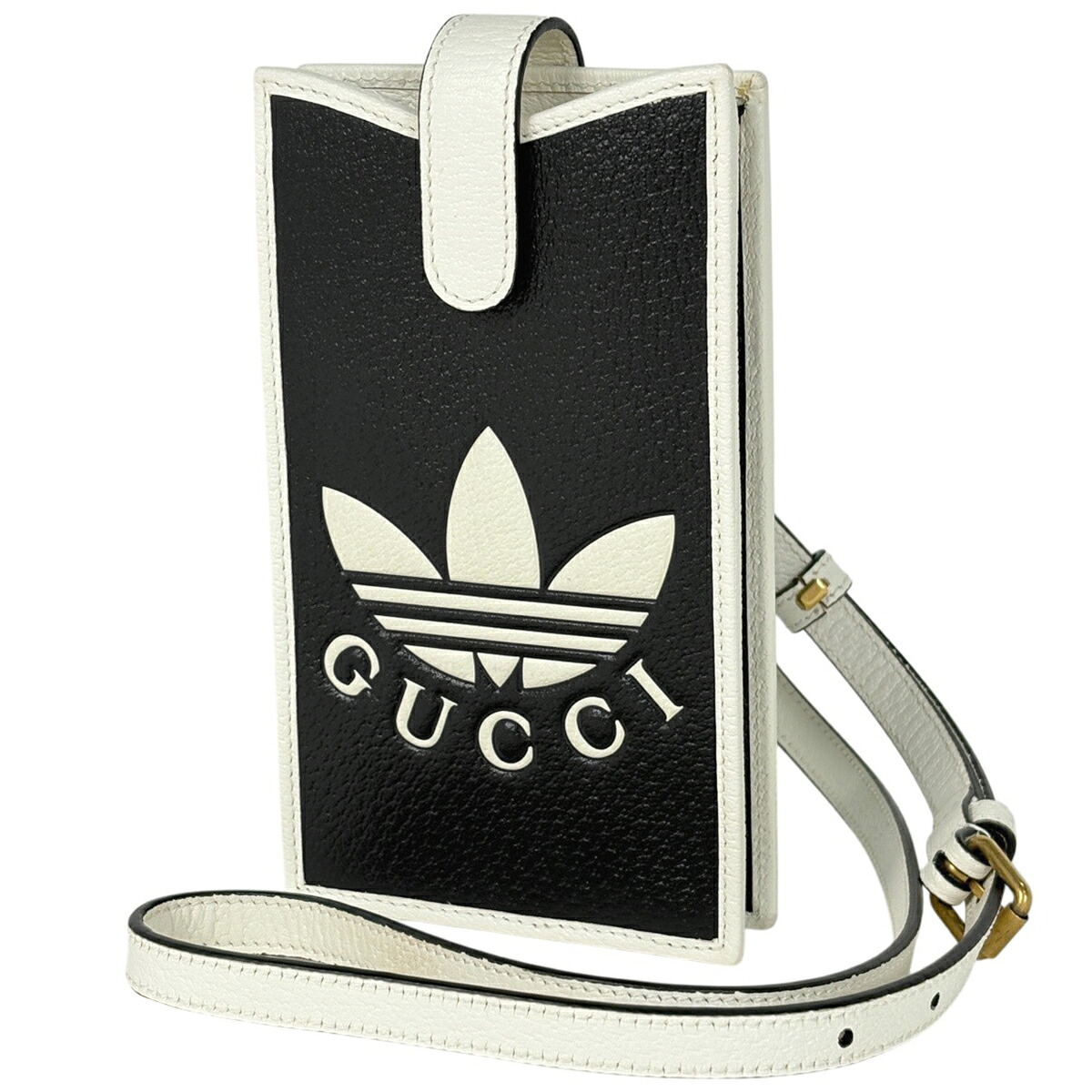 【店卸し資産追いたてる】 グッチ GUCCI ロゴタイプ ショルダーバッグ アディダスコラボ スマホケース ショルダーバッグ なめし革 黒いこと 白いこと 702203 レディース 【中古】 バッグ-レディースバッグ-ショルダーバッグ・メッセンジャーバッグ