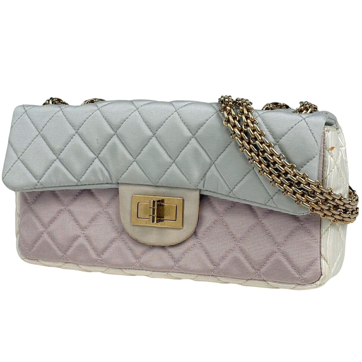 【在庫一掃】 シャネル CHANEL 2.55ライン チェーン ショルダーバッグ マトラッセ Wチェーン ファブリック ピンク ライトグレー レディース 【中古】