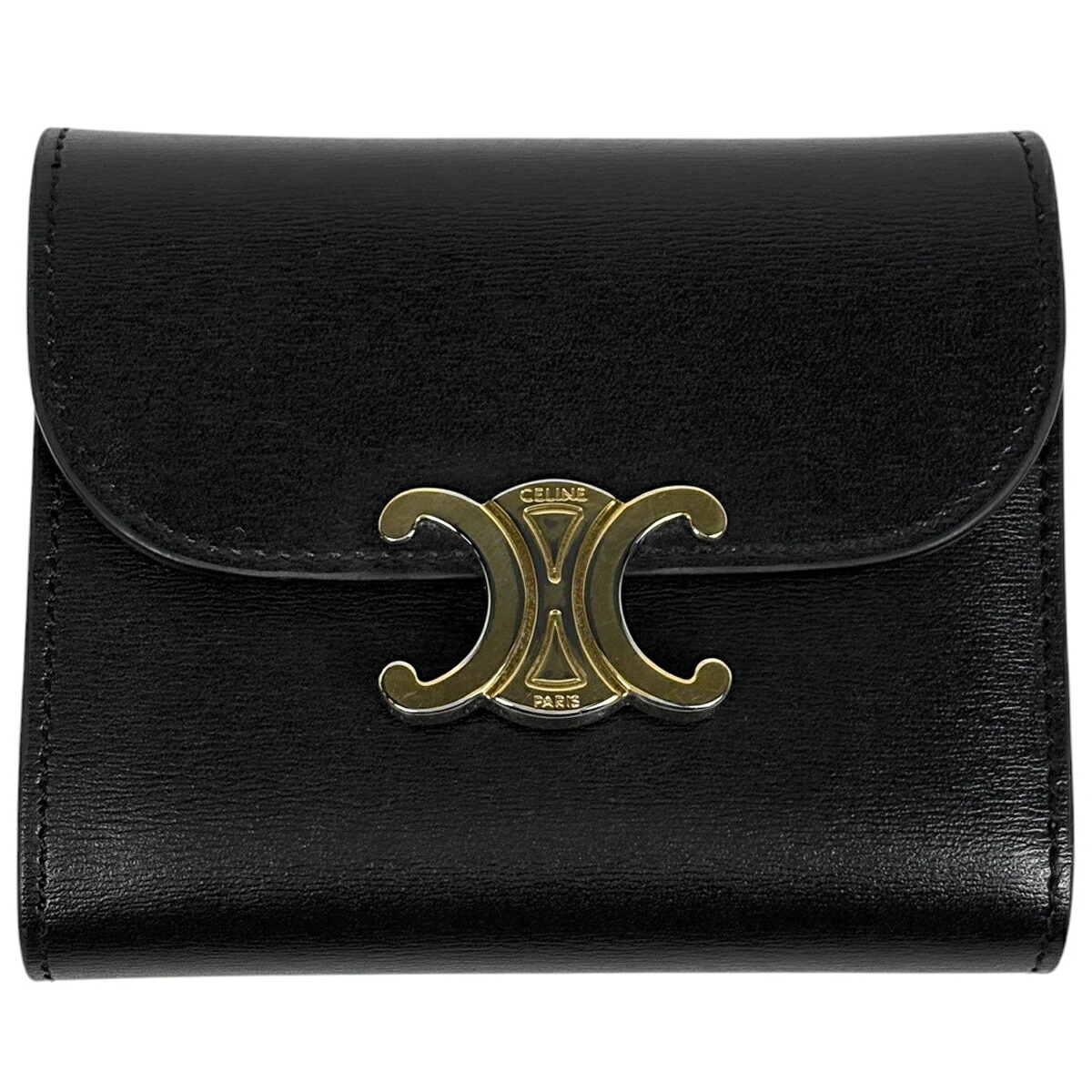 セリーヌ CELINE トリオンフ スモール フラップウォレット 三つ折り財布 レザー ブラック 10D783DPV.38NO レディース 【中古】
