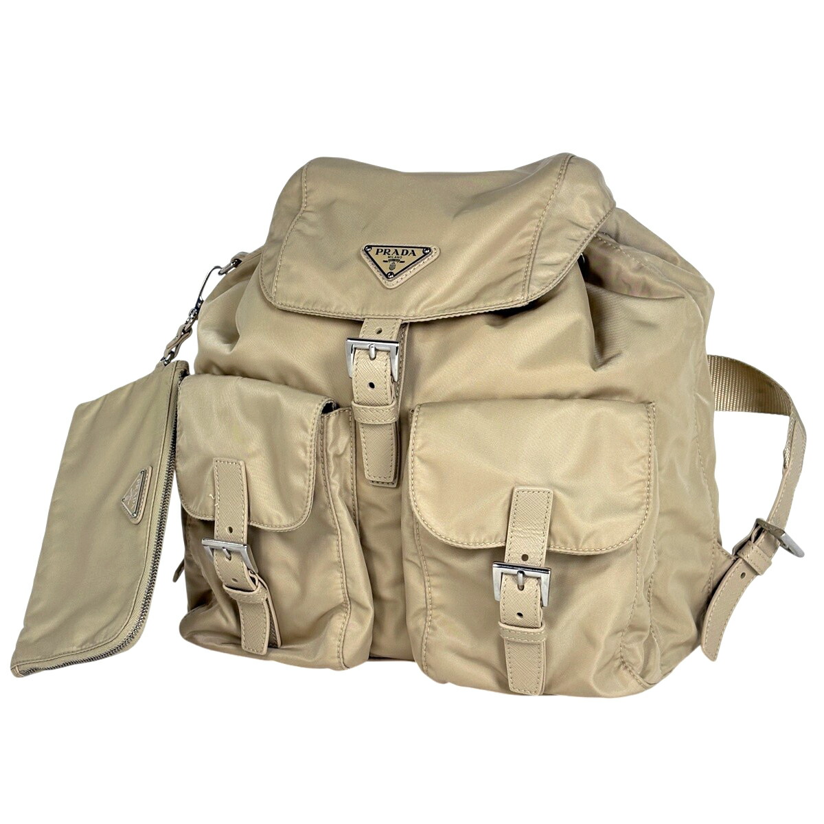 プラダ PRADA ロゴプレート リュックサック デイパック バックパック リュック ナイロン ベージュ 1BZ811 レディース 【中古】