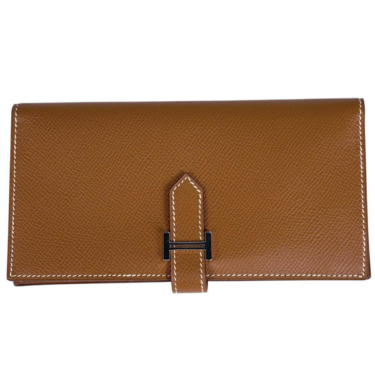 エルメス HERMES ベアン Hロゴ 長財布 ヴォーエプソン ゴールド □J レディース 【中古】