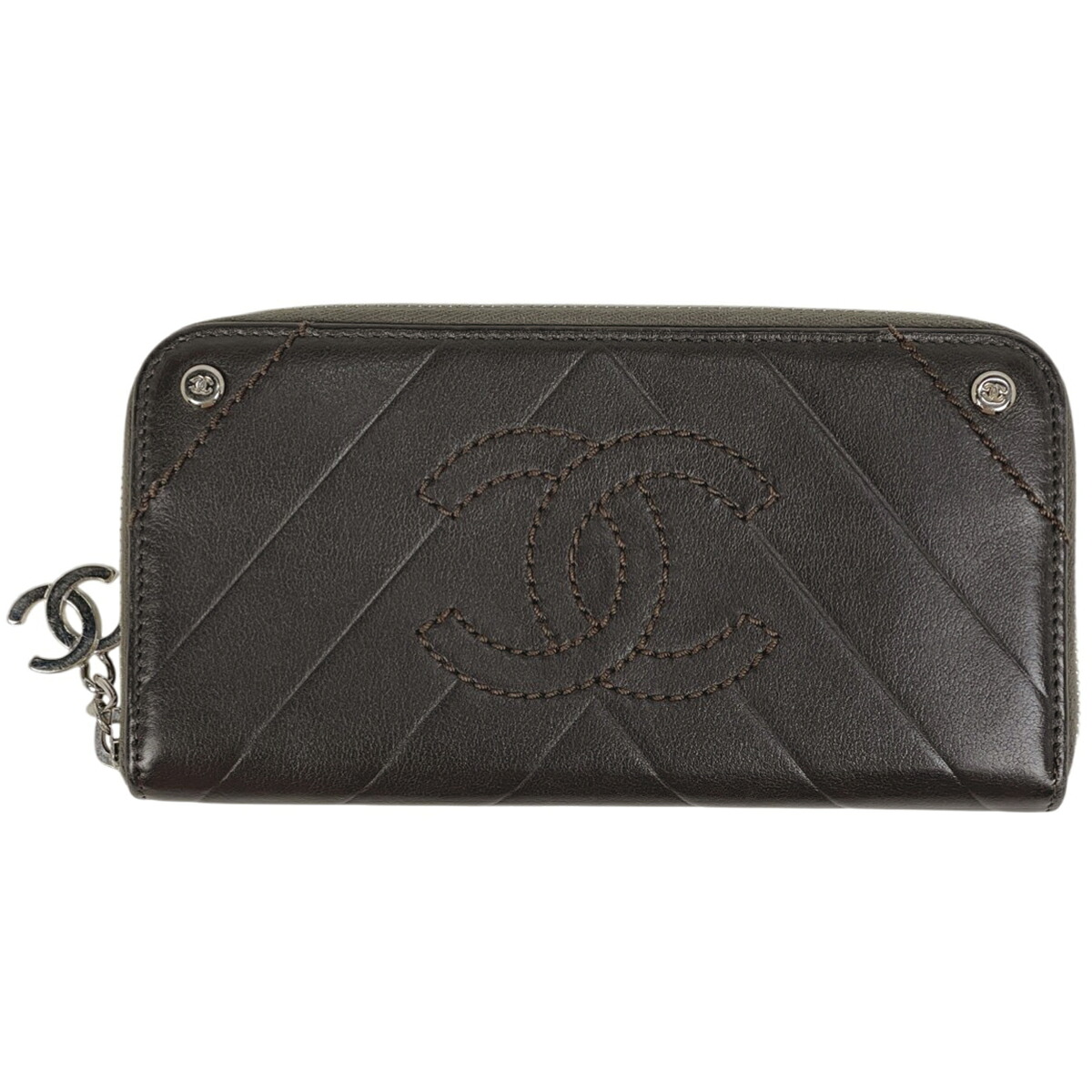 シャネル CHANEL V編み目 ラウンドジッパー 長紙入れ ココマーク シェブロン 長紙入れ なめし革 赤銅色 レディース 【中古】
