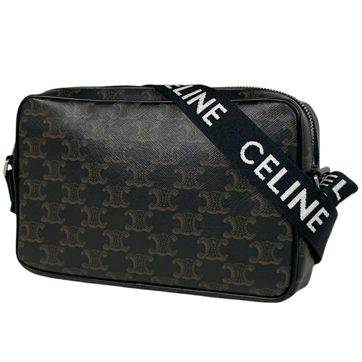 セリーヌ CELINE トリオンフ ショルダーバッグ 曲がった掛け ロゴタイプ ショルダーバッグ 上塗り帆布 黒いこと レディース 【中古】