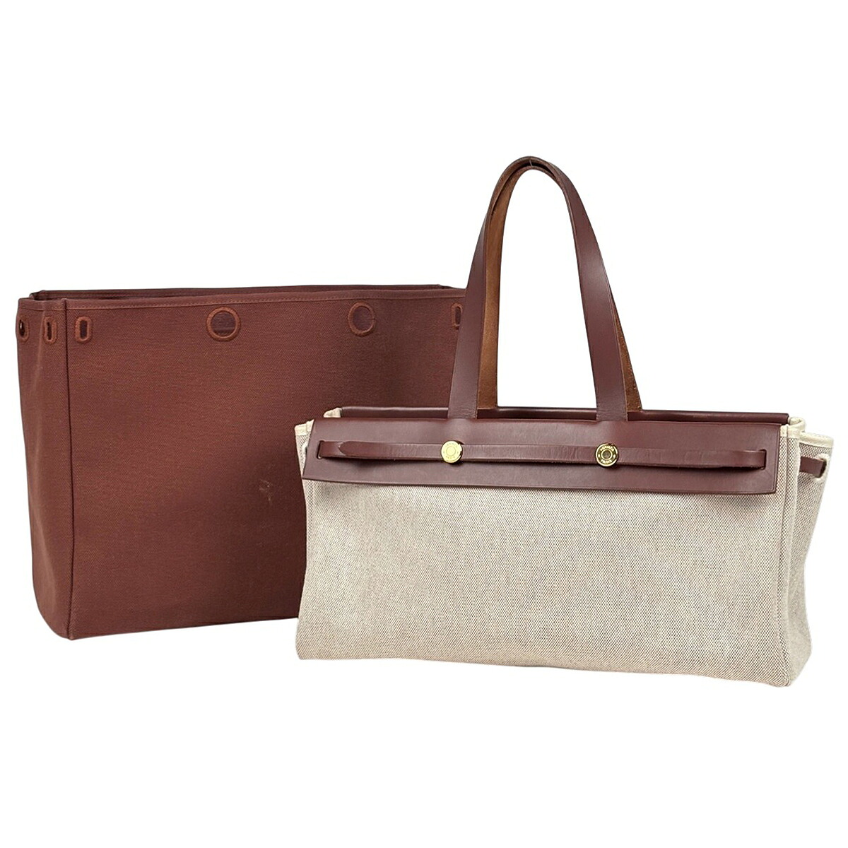 エルメス HERMES エールバッグ カバスMM ショルダーバッグ トートバッグ トワルアッシュ ナチュラル ブラウン □F レディース 【中古】