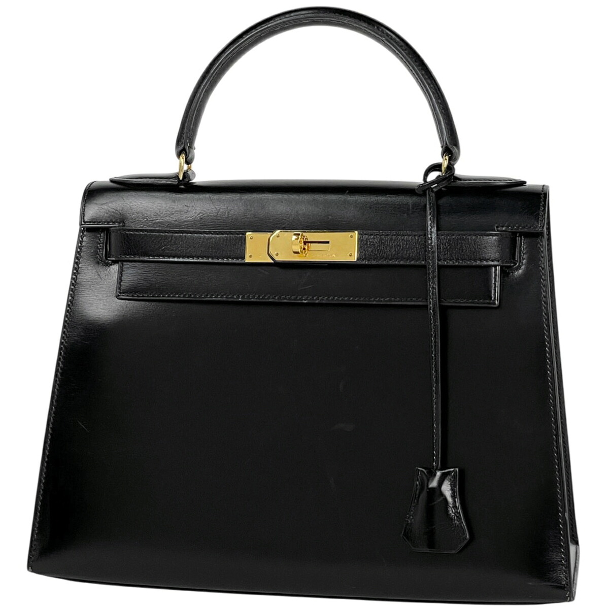 エルメス HERMES ケリー28 外縫い ハンドバッグ ボックスカーフ ブラック 〇Q レディース 【中古】
