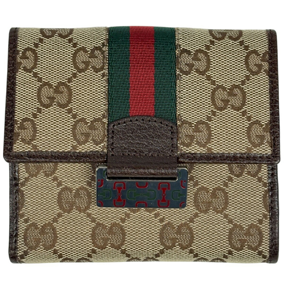 グッチ GUCCI ホースビット 二つ折り財布 Wホック 札入れ 小銭入れ シェリーライン ウェブ 二つ折り財布 GGキャンバス ブラウン レッド グリーン レディース 【中古】 msp29