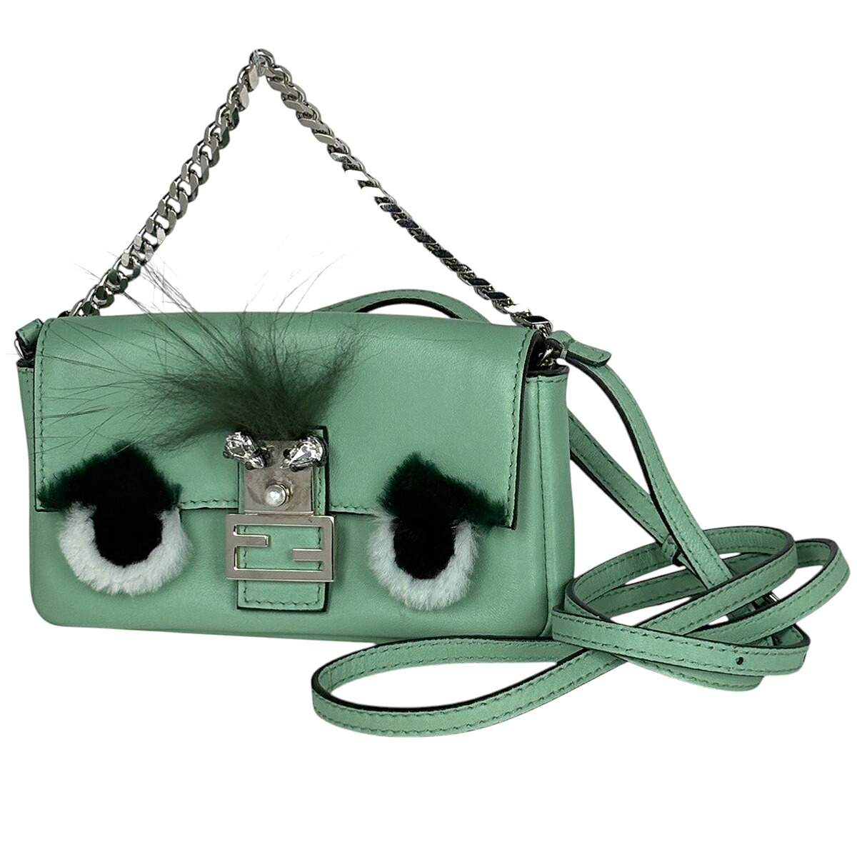 フェンディ FENDI マイクロバゲット モンスター バッグバグズ ショルダーバッグ レザー ライトグリーン 8M0354 レディース 【中古】