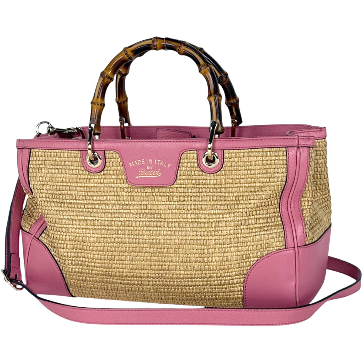 グッチ GUCCI バンブー ショッパー ミディアム ハンドバッグ 2WAY ショルダーバッグ ストロー ハンドバッグ レザー ピンク 323660 レディース 【中古】
