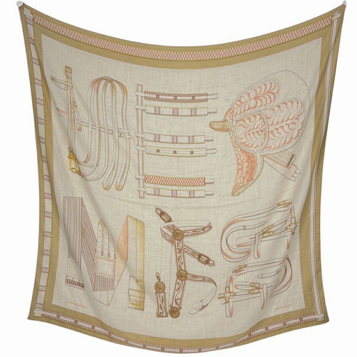 エルメス HERMES カレ140 LETTRES EQUESTRES レトル エスケトル カレジェアン 袈裟 袈裟 カシミール 絹地 ベージュ マルチ色合い レディース 【中古】