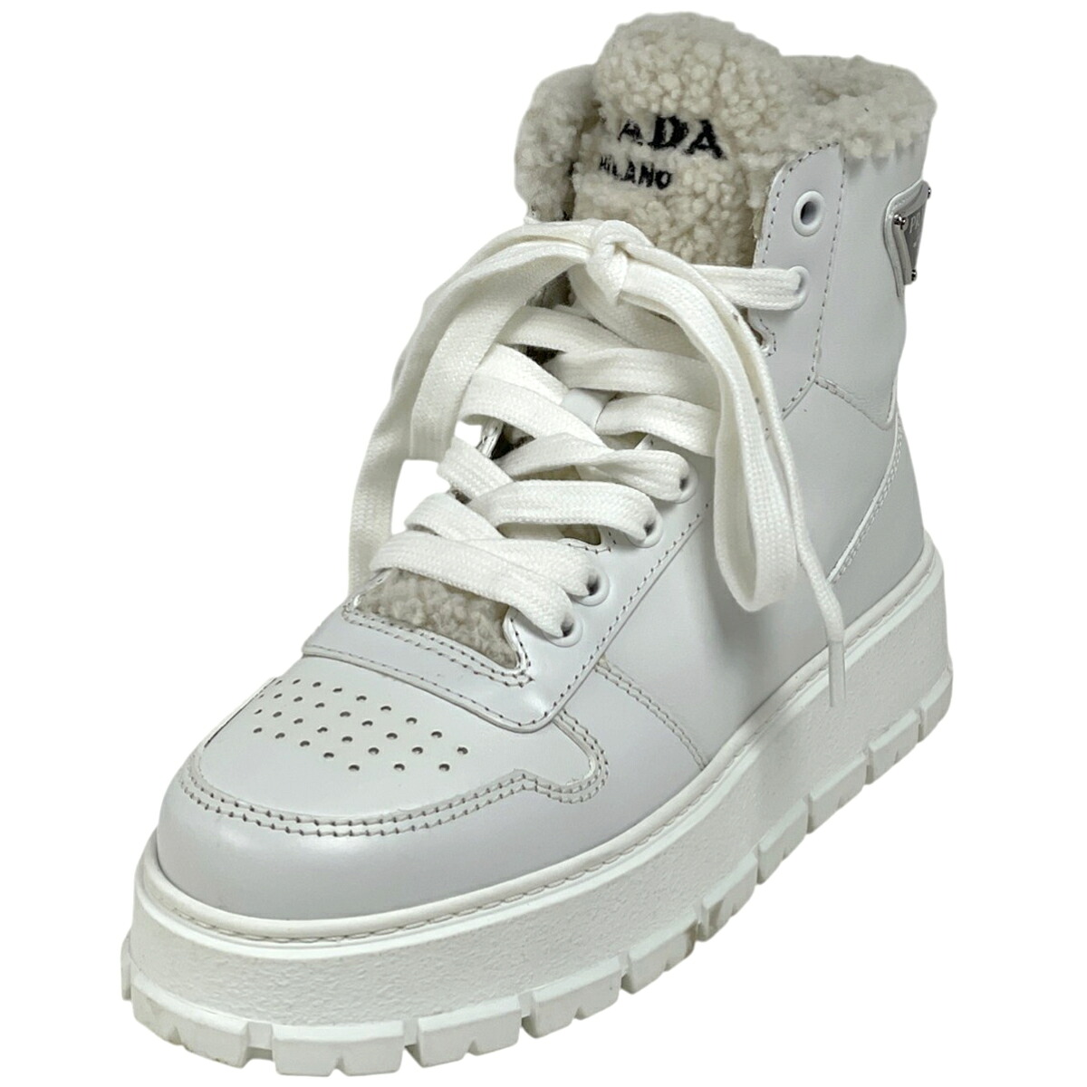 プラダ PRADA ロゴプレート ハイカット スニーカー ボア 靴 スニーカー レザー ホワイト レディース 【中古】 msp29