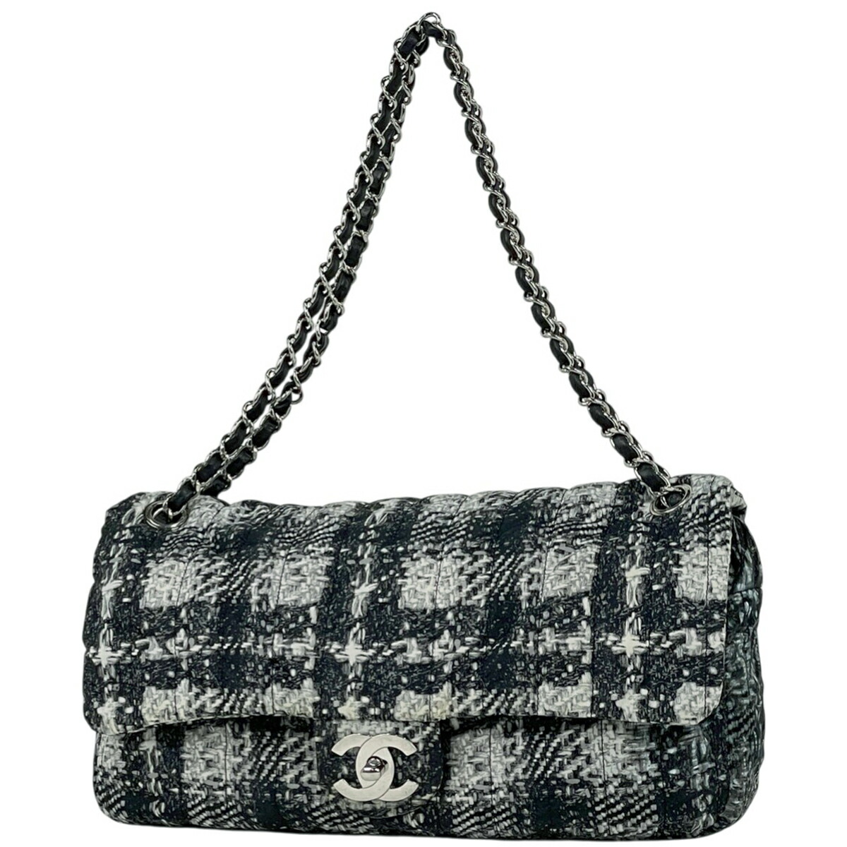 シャネル CHANEL ココマーク チェーン ショルダーバッグ ツイード柄 Wチェーン ショルダーバッグ ナイロン ブラック ホワイト レディース 【中古】