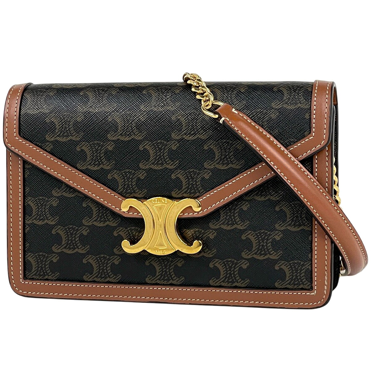 セリーヌ CELINE チェーンウォレット マーゴ トリオンフ 2WAY クラッチバッグ チェーンウォレット コーティングキャンバス ブラウン ブラック レディース 【中古】