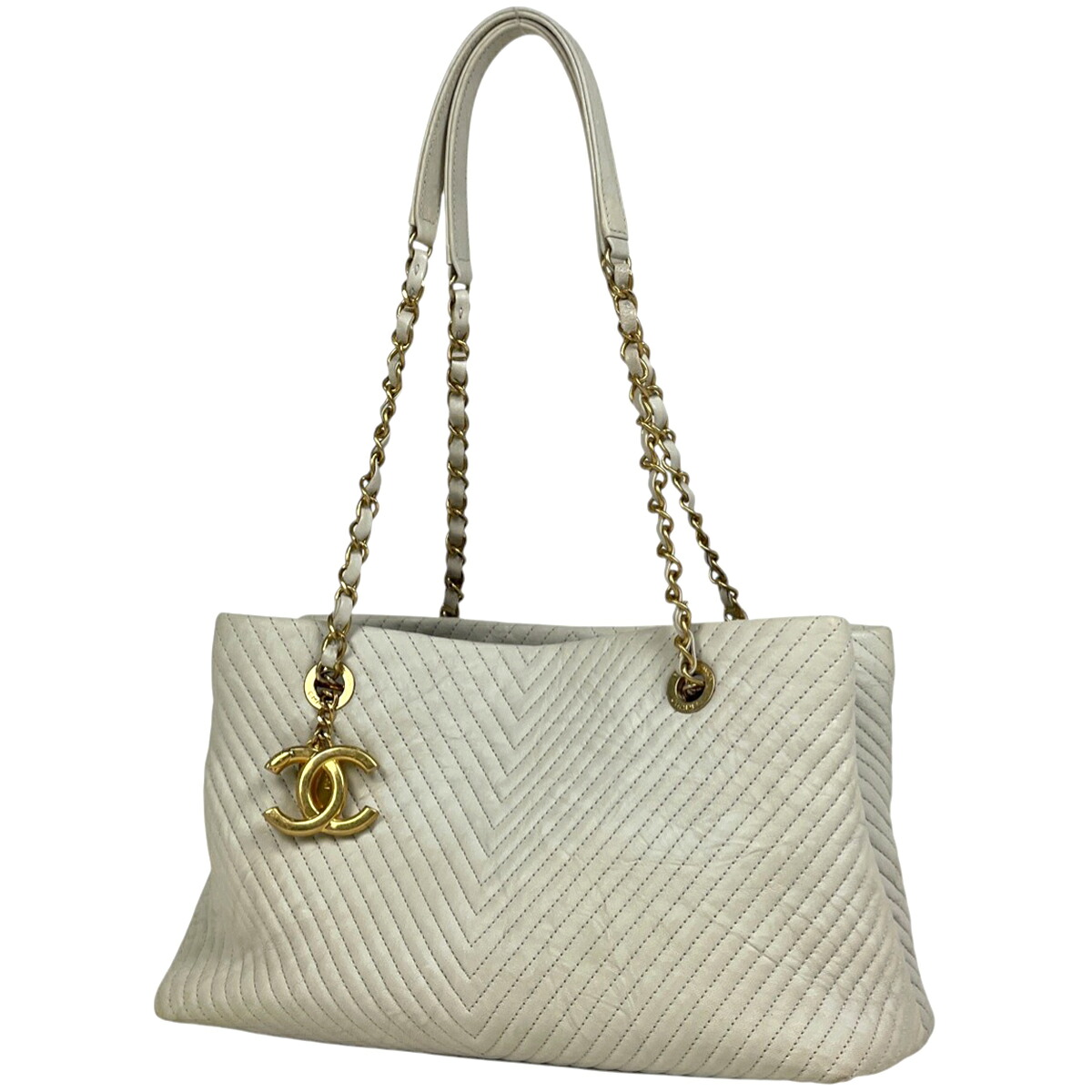シャネル CHANEL Vステッチ チェーン トートバッグ ココマーク チャーム シェブロン ショルダーバッグ トートバッグ レザー アイボリー レディース 【中古】