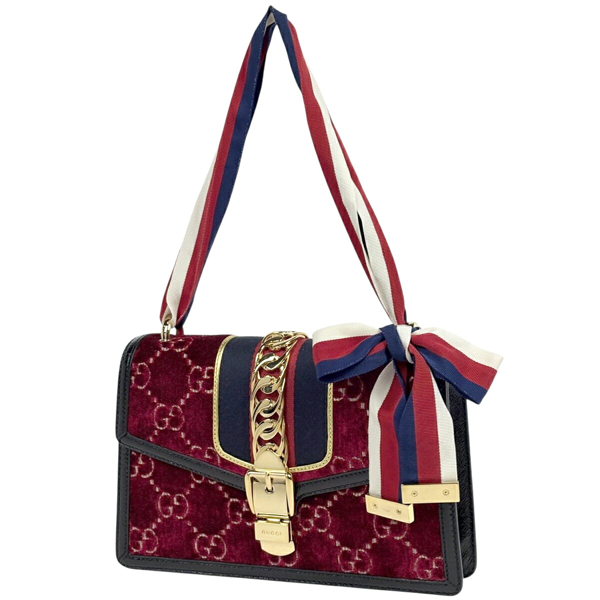 グッチ GUCCI シルヴィ ショルダーバッグ シェリーライン ウェブ GG柄 ショルダーバッグ ベルベット レッド ブラック 524405 レディース 【中古】