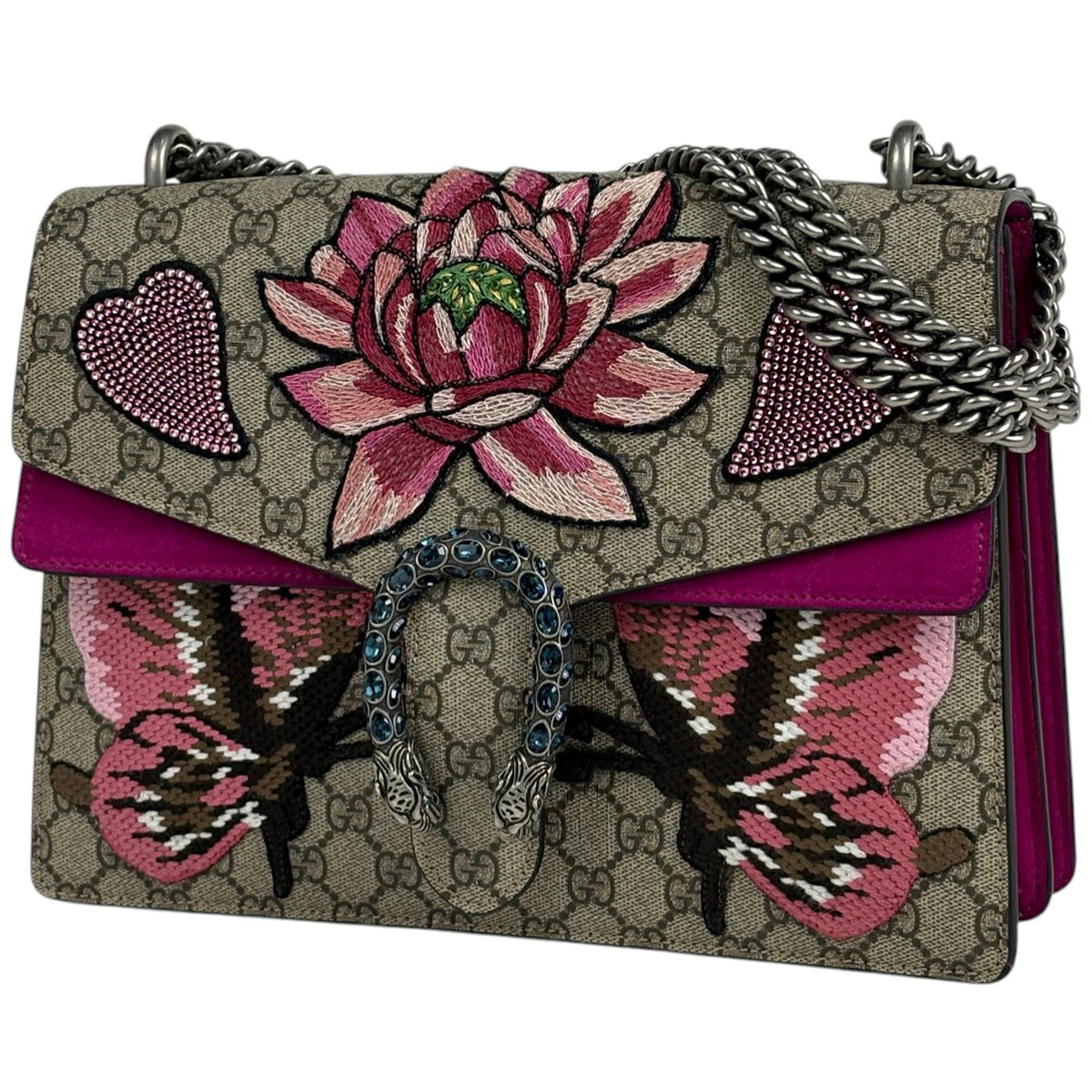 グッチ GUCCI ディオニュソス チェーン ショルダーバッグ 刺繍 蝶 GG柄 ショルダーバッグ コーティングキャンバス ベージュ ピンク 450520 レディース 【中古】