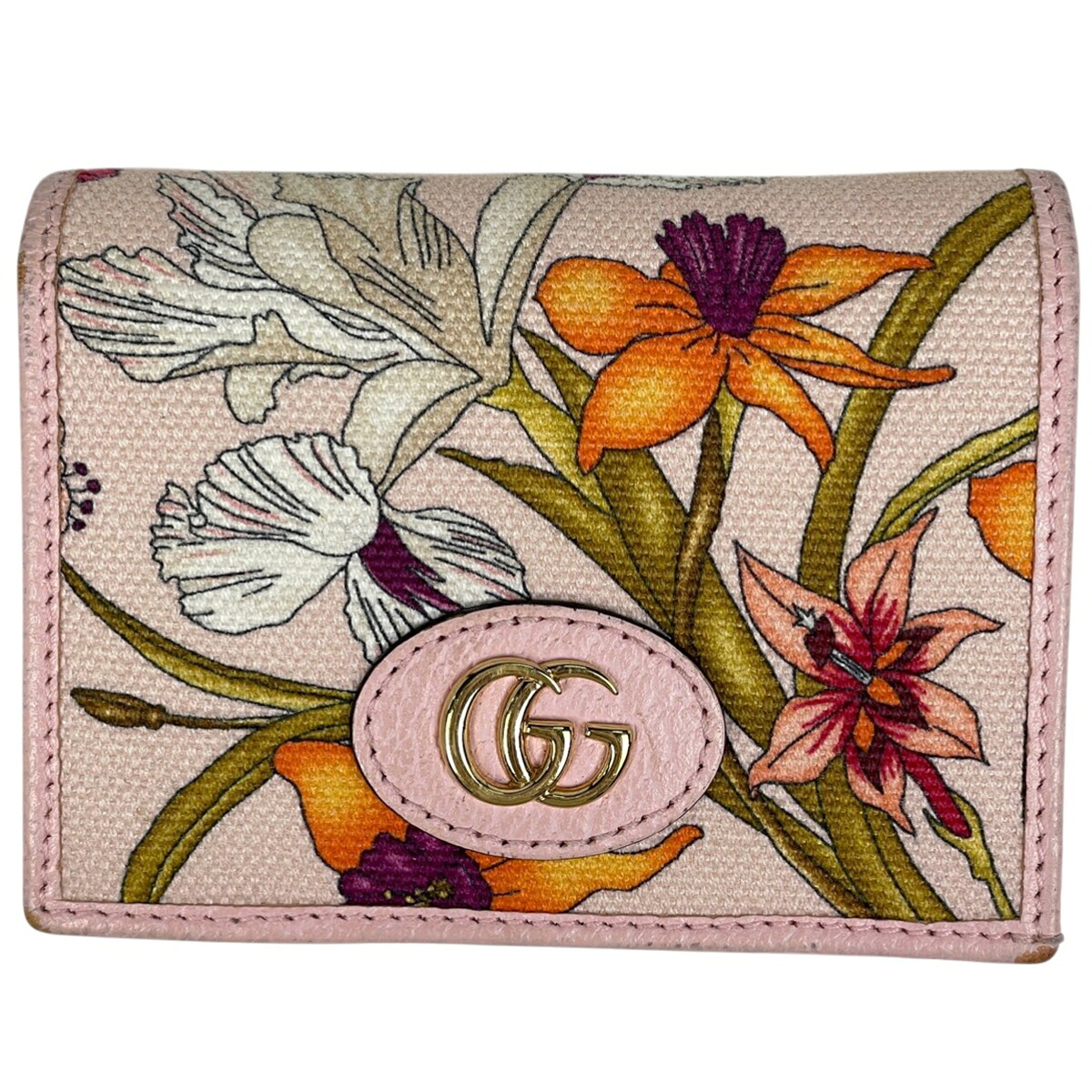 グッチ GUCCI GGマーモント フローラ 二つ折り 財布 札入れ 小銭入れ 二つ折り財布 キャンバス ピンク マルチカラー 577347 レディース 【中古】