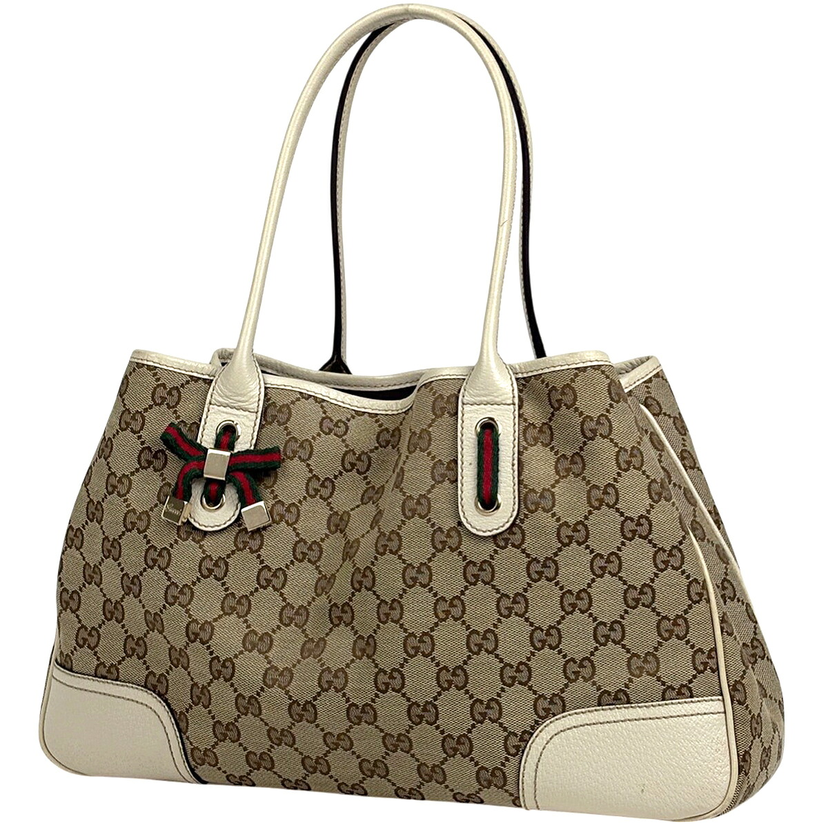 グッチ GUCCI プリンシー トートバッグ ショルダーバッグ リボン シェリーライン ウェブ トートバッグ GGキャンバス ベージュ アイボリー 163805 レディース 【中古】 msp39｜バイセル 店