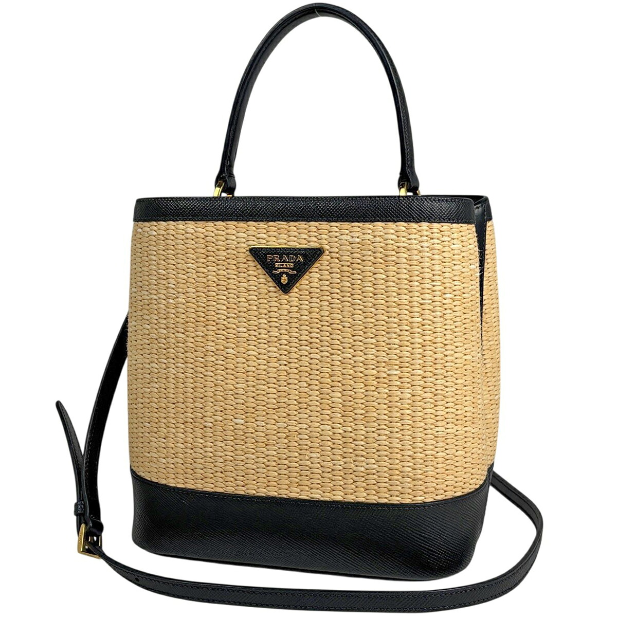 プラダ PRADA パニエ ハンドバッグ ロゴ 2WAY ショルダーバッグ ストロー ベージュ ブラック 1BA212 レディース 【中古】 msp29|バイセル 店