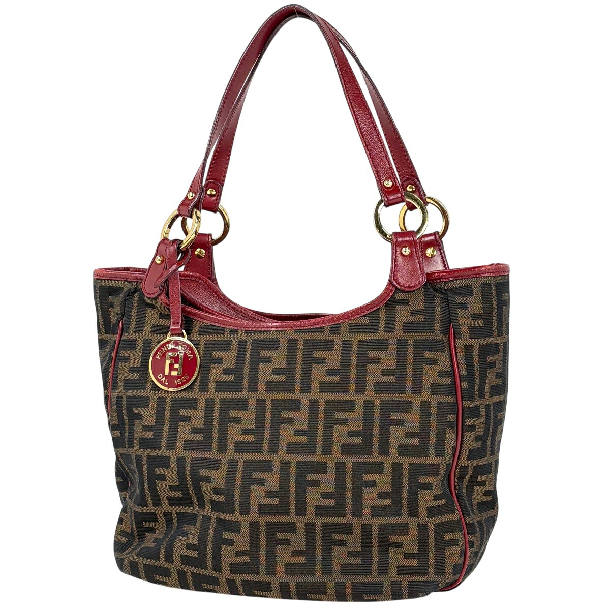 フェンディ FENDI ズッカ柄 ハンドバッグ キャンバス ブラウン レッド 8BH156 レディース 【中古】