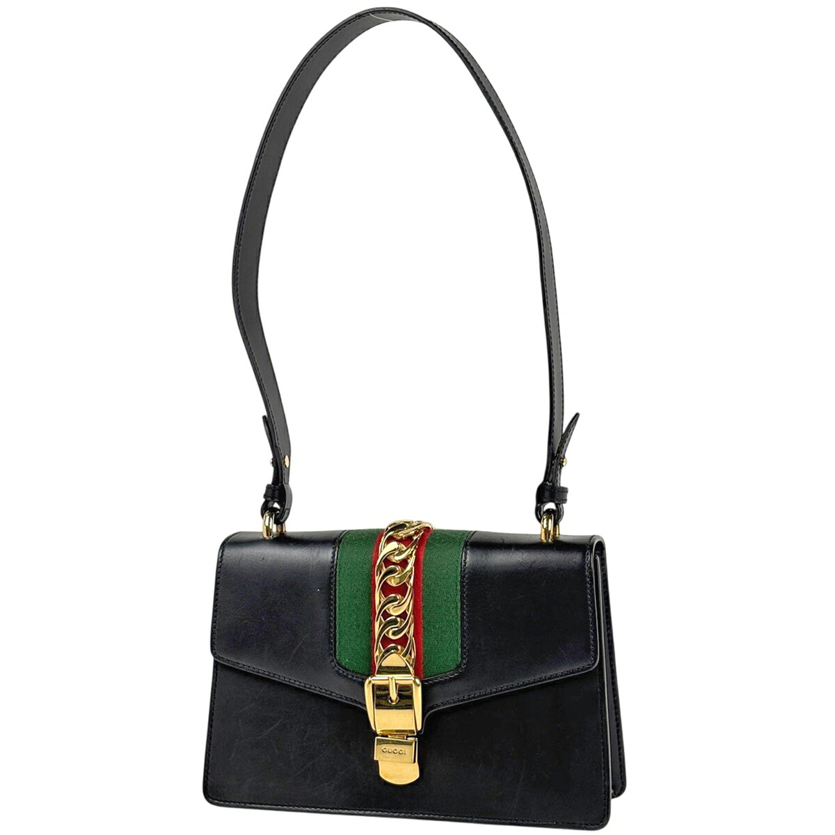 グッチ GUCCI シルビィ ショルダーバッグ シェリーライン ウェブ レザー ブラック 421882 レディース 【中古】 msp39｜バイセル 店
