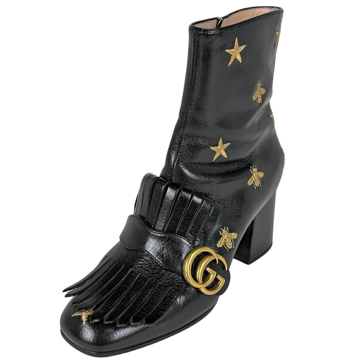 グッチ GUCCI GGマーモント サイドジップ 遊撃手ブーツ はやりっ児 ビー刺しゅう 靴 ブーツ なめし革 黒いこと レディース 【中古】 msp39