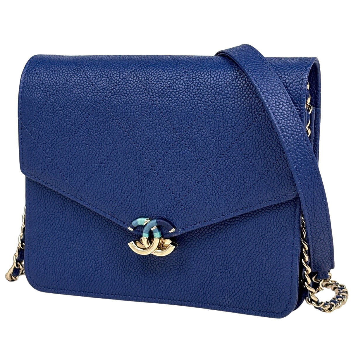 シャネル CHANEL ハーフココ チェーン店 ショルダーバッグ ウォレット キャビア素はだ 青色 レディース 【中古】