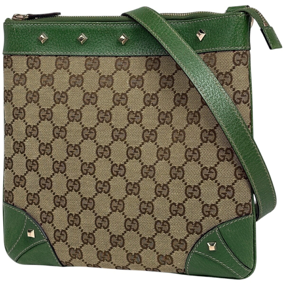 グッチ GUCCI GG柄 ショルダーバッグ スタッズ GGキャンバス ベージュ グリーン 120893 レディース 【中古】 msp39|バイセル 店