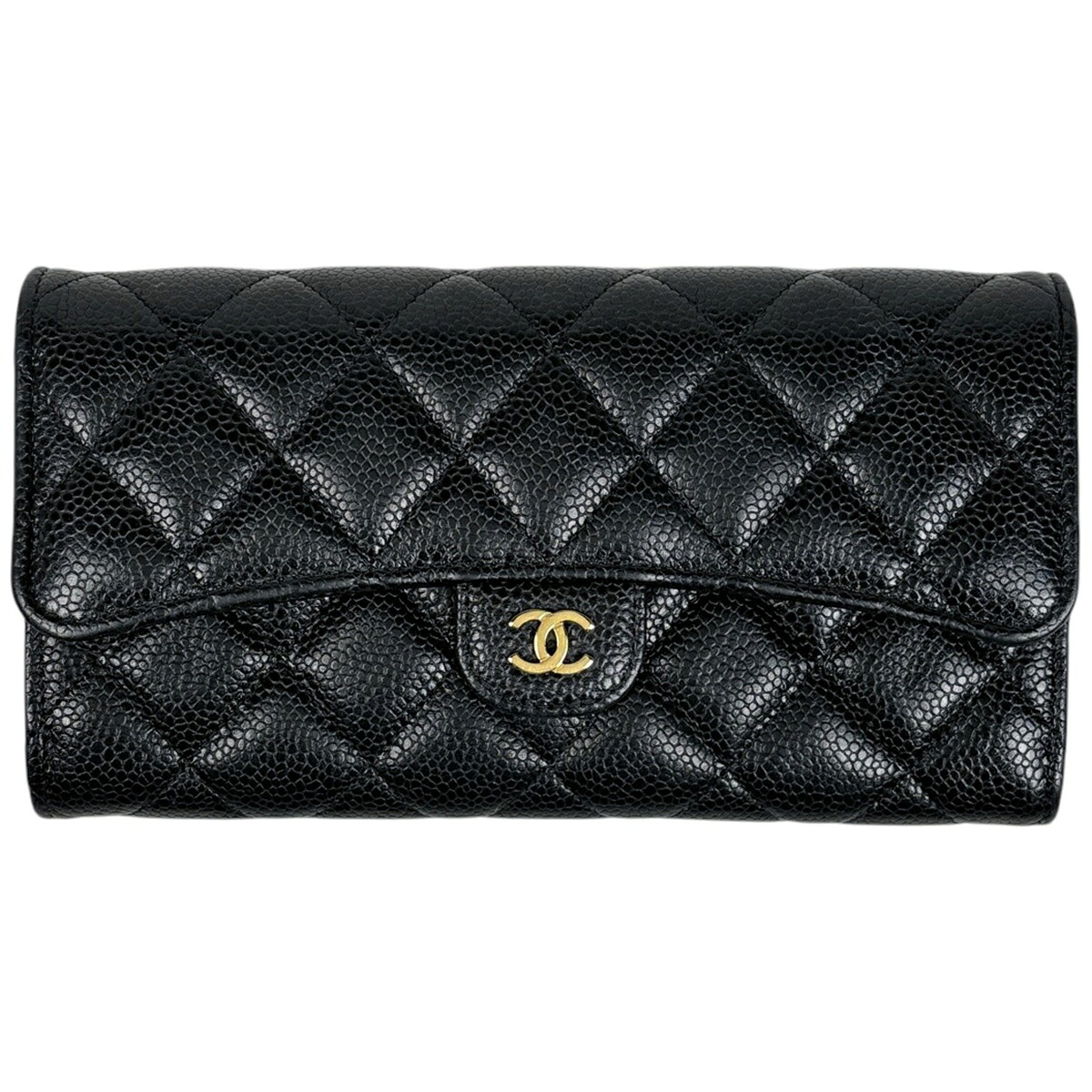 シャネル CHANEL ココマーク 二つ折り 長札入れ マトラッセ キャビア素はだ 黒いこと レディース 【中古】