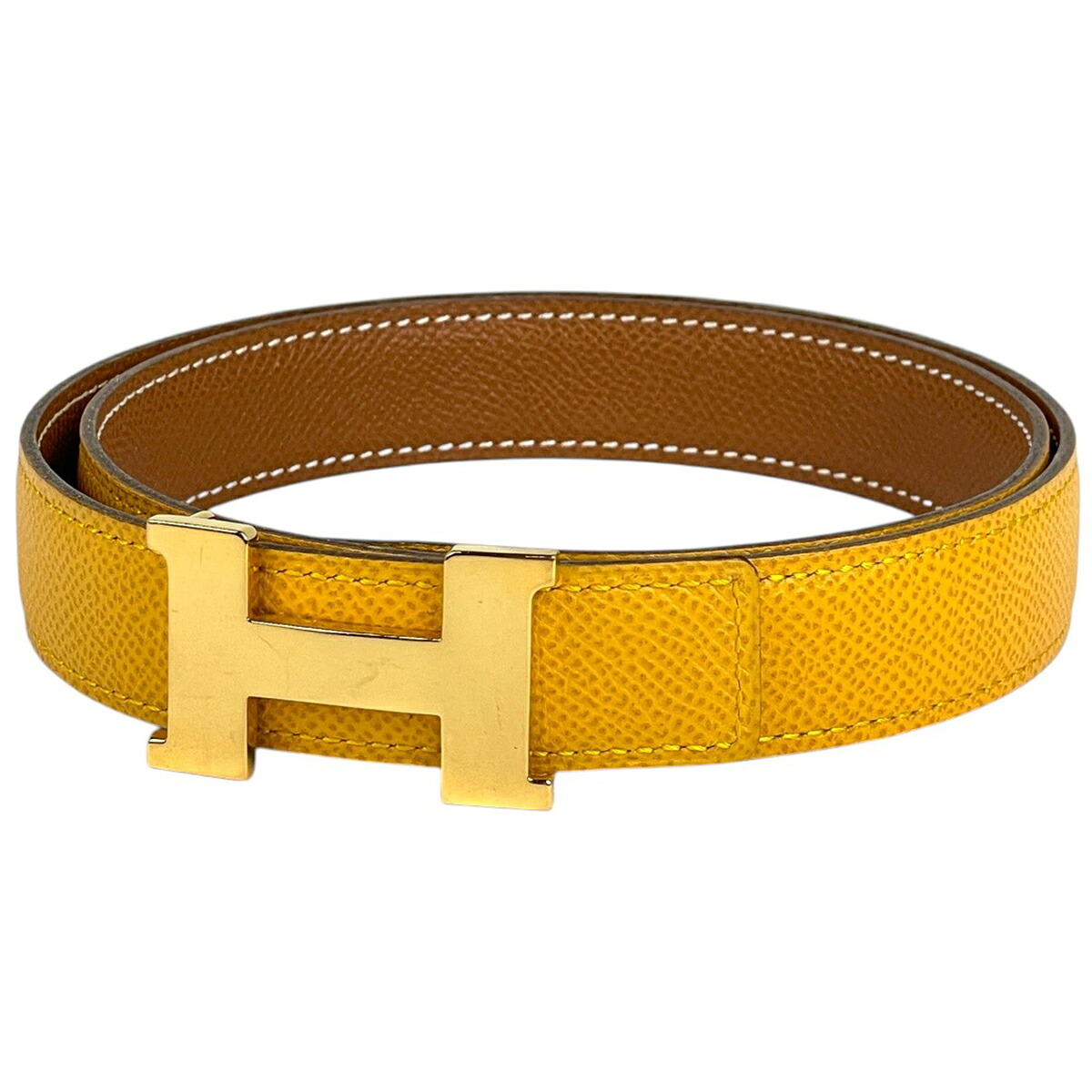 エルメス HERMES コンスタンス リヴァーシブル H三尺帯 〇Z目じるし 三尺帯 なめし革 黄色 赤銅色 レディース 【中古】 msp29