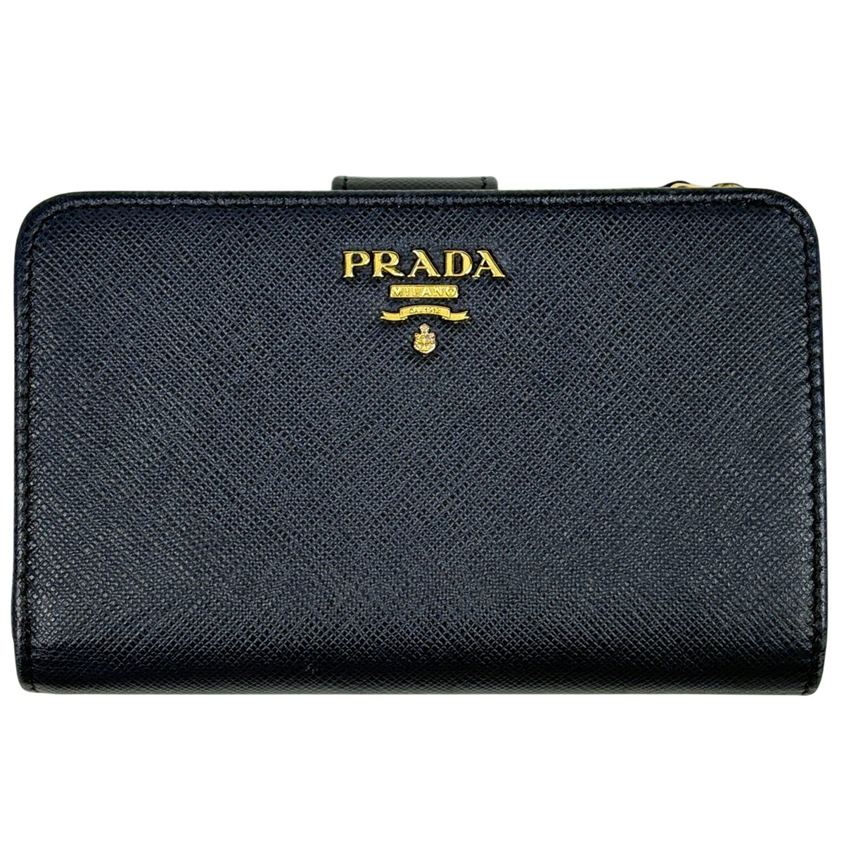 プラダ PRADA ロゴタイプ 二つ折り紙入れ L字ジッパー サフィアーノレザー 米国海軍 レディース 【中古】