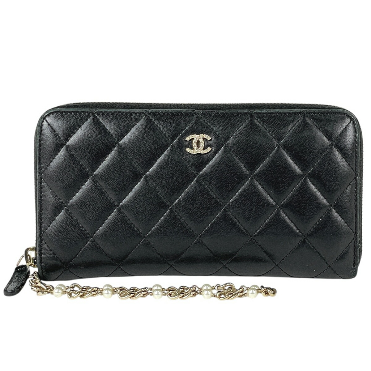 シャネル CHANEL ココマーク ラウンドジッパー 長紙入れ マトラッセ チェーン店 なめし革 黒いこと レディース 【中古】