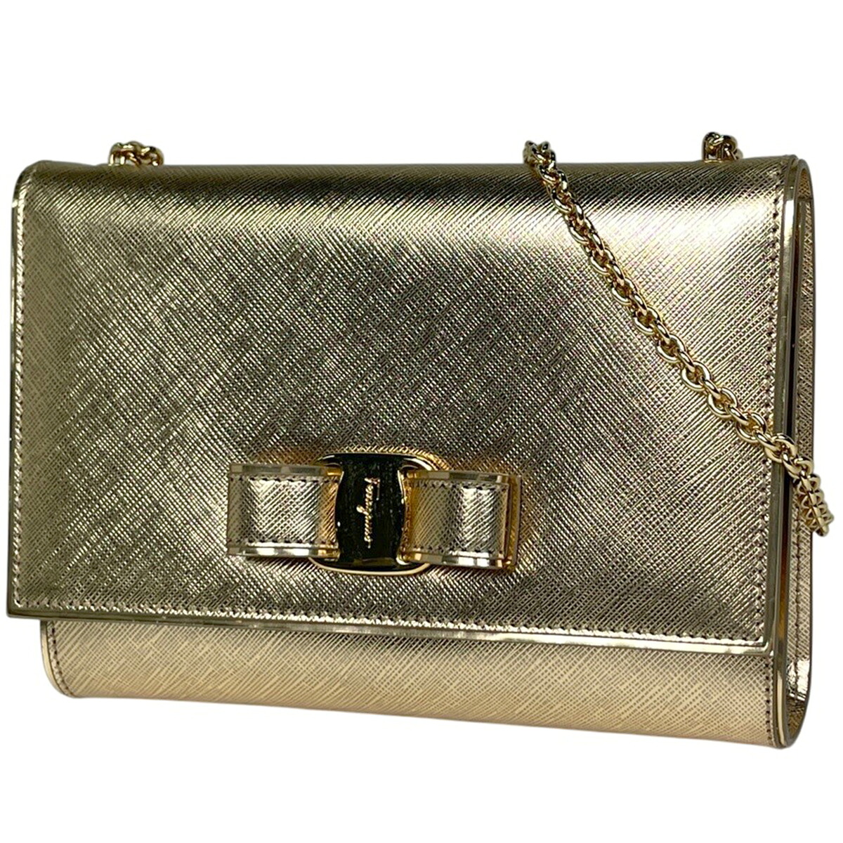 サルヴァトーレフェラガモ Salvatore Ferragamo ヴァラリボン チェーン店 ショルダーバッグ なめし革 ゴールド C264 レディース 【中古】