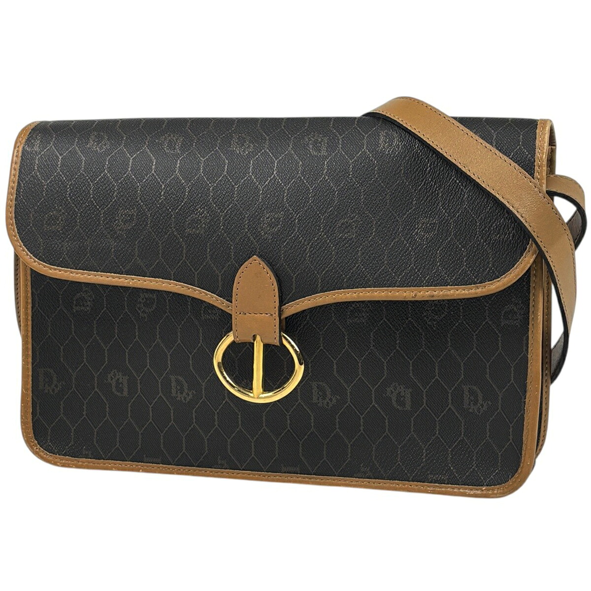 ディオール Christian Dior ハニカム柄 ショルダーバッグ 上塗り帆布 黒いこと ベージュ レディース 【中古】