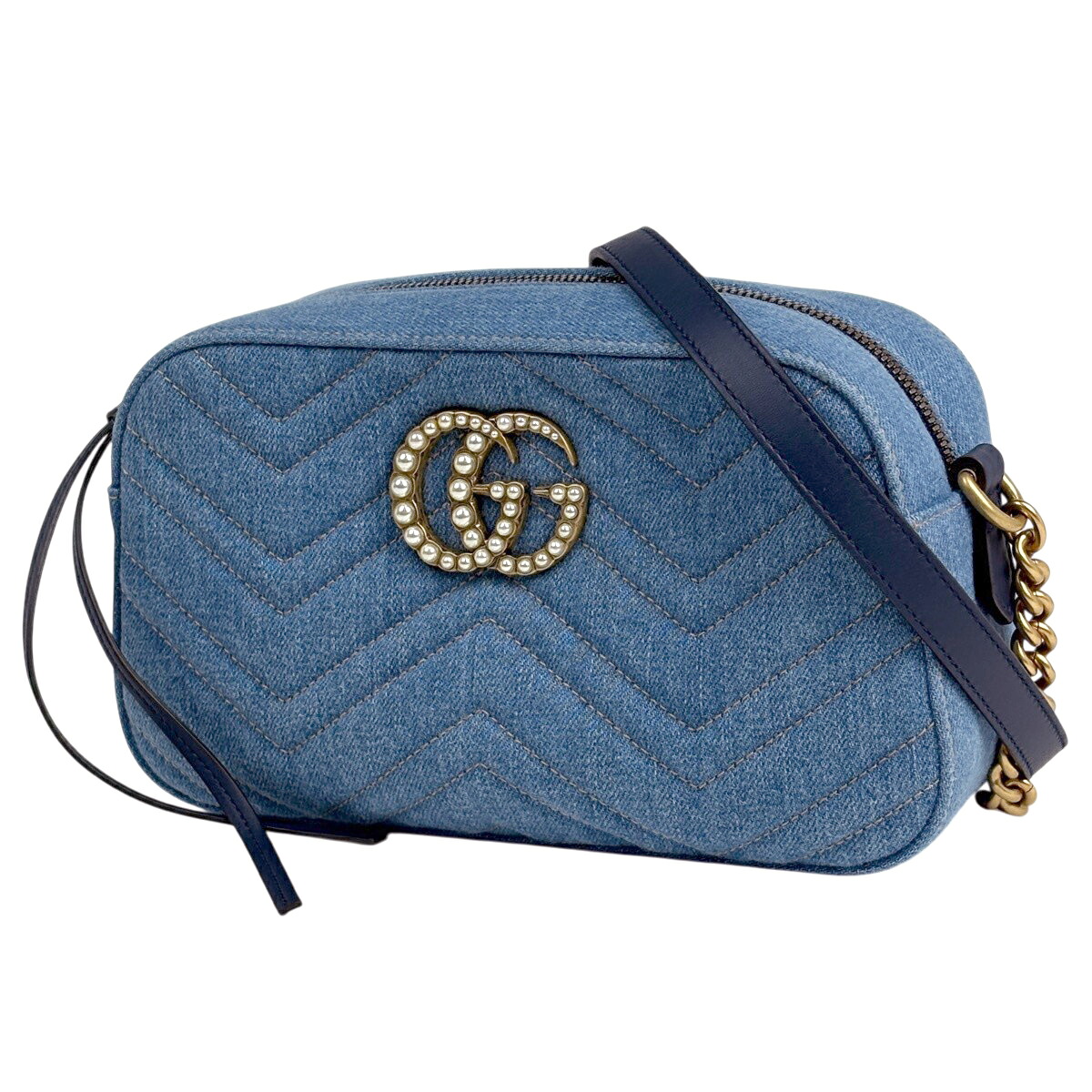 グッチ GUCCI GGマーモント チェーン店 ショルダーバッグ ダブルG ジーンズ 点火装置青色 447632 レディース 【中古】