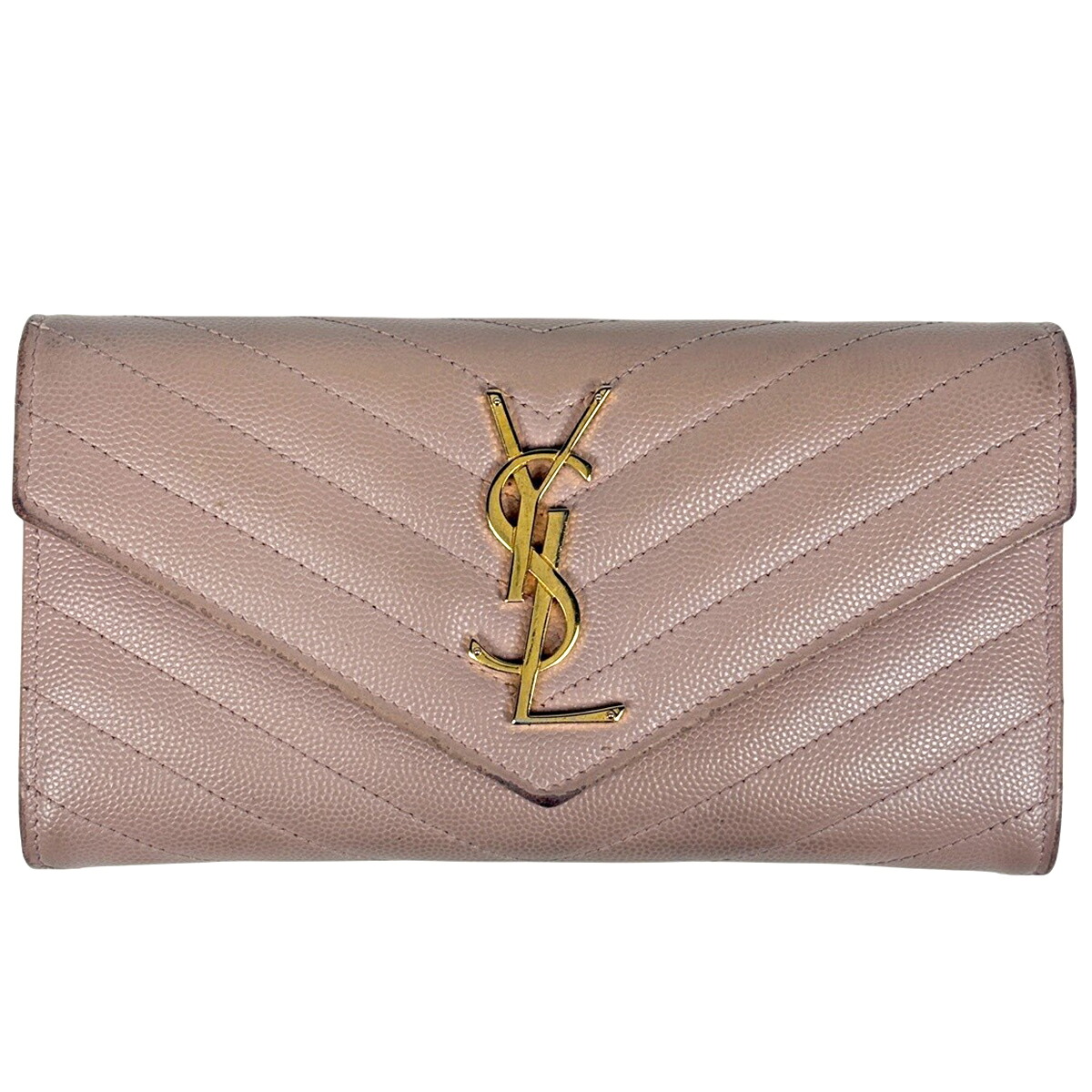 サンローラン SAINT LAURENT ロゴタイプ 二つ折り 長紙入れ なめし革 サクラ色 372264 レディース 【中古】