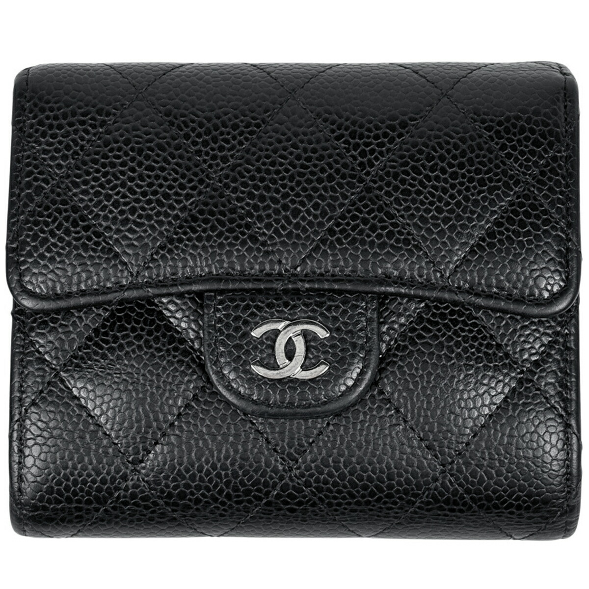 シャネル CHANEL ココマーク 三つ折り 金入れ マトラッセ キャビアひと肌 黒いこと AP0231 レディース 【中古】